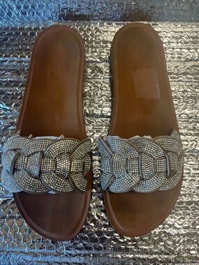 TOP Moda Brown Slide Sandals with Silver Rhinestone Braided Strap